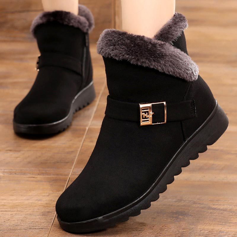 Buckle Strap Plush Martin Snow Boots with Zipper