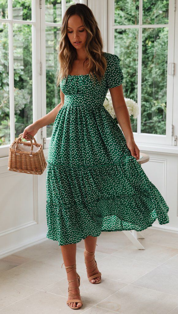 Square Collar Short Sleeve Summer Floral Dress