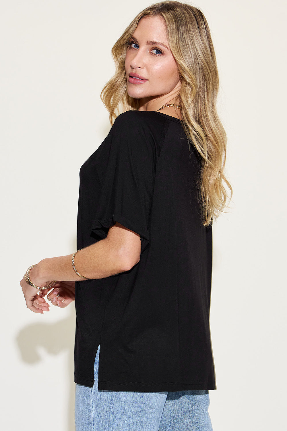 Full Size Bamboo Slit V-Neck Short Sleeve Top