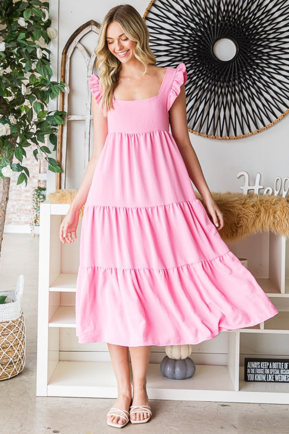 Sugar Pink Ruffled Sleeveless Tiered Midi Dress