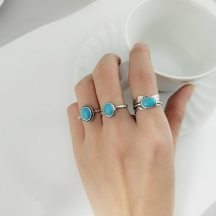 Genuine Turquois & Sterling Silver Jewelry Feather or Braided Vintage Ring - Adjustable Size..