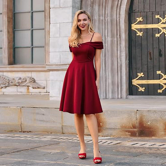 Retro Spaghetti Straps Off-shoulder Waist Dress