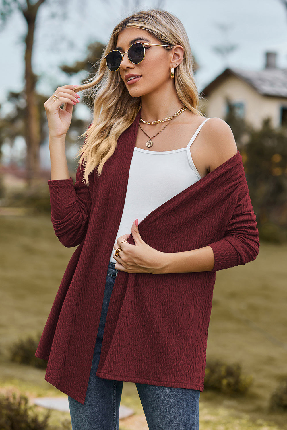 Classic Design Textured Open Front Long Sleeve Cardigan