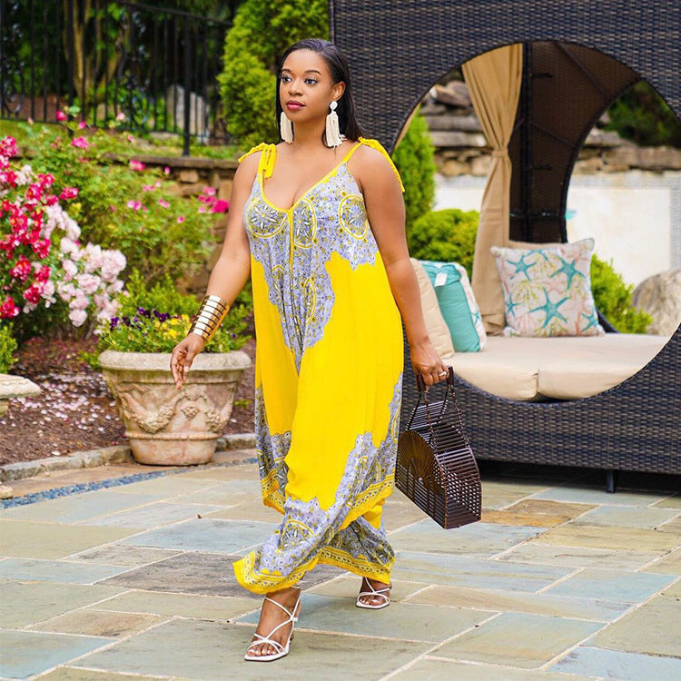 Printed Vibrant Fashion Loose Suspenders Jumpsuit