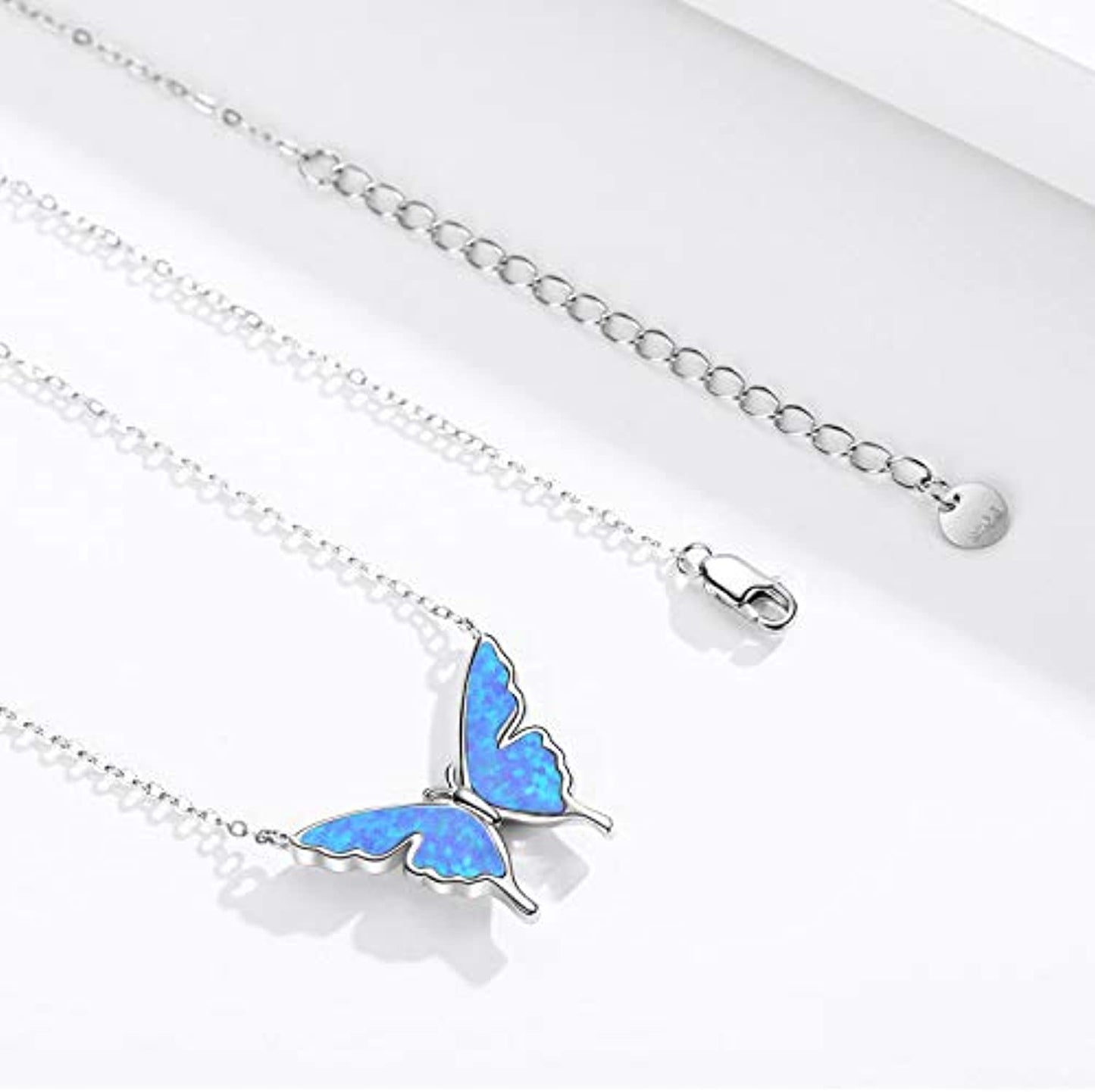925 Sterling Silver Blue Opal Butterfly Necklace.