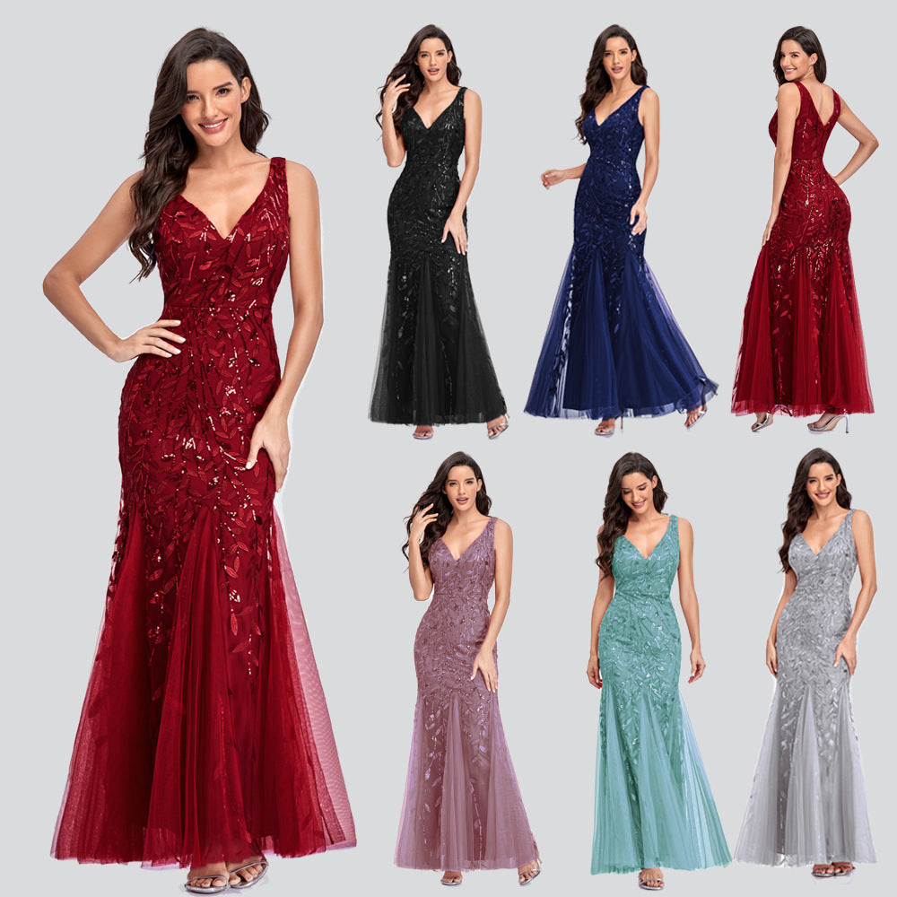 Royal Style Embroidered  Sequin  V-neck Maxi Swing Sleeveless Mermaid   Dress