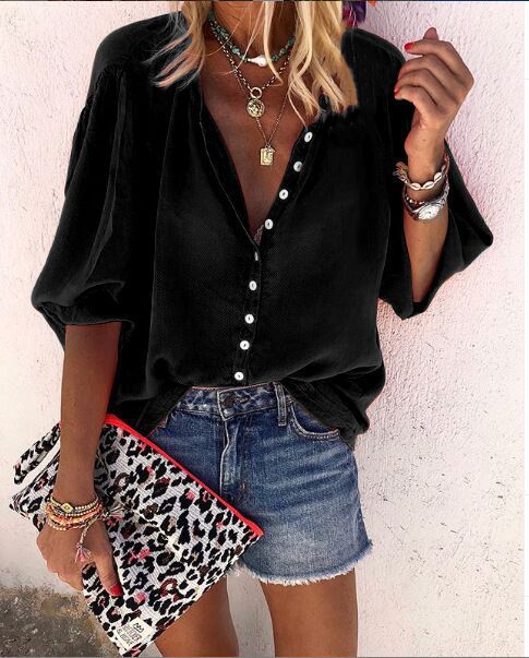 Plain Button Down V Neck Loose Shirt