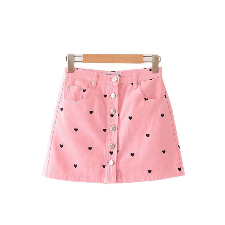 Lovely Looks Heart Print Button-Front Mini Skirt
