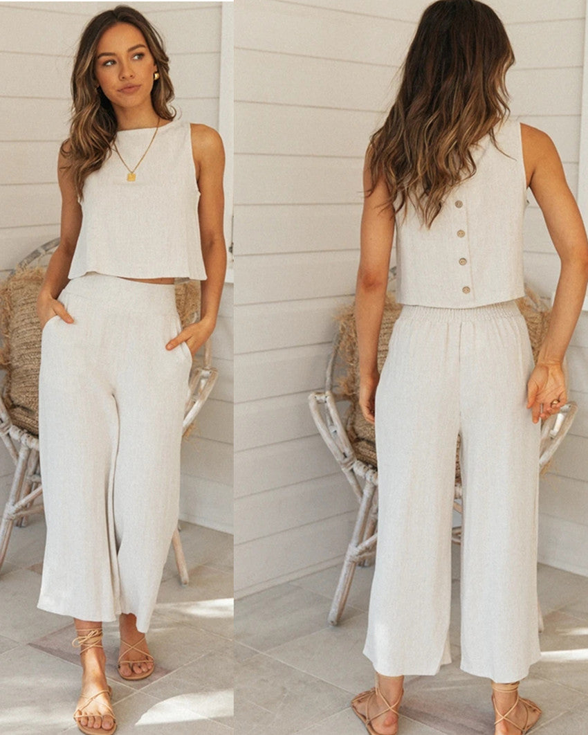 Relaxed Haven Button Up Top with Wide Leg Pants Set