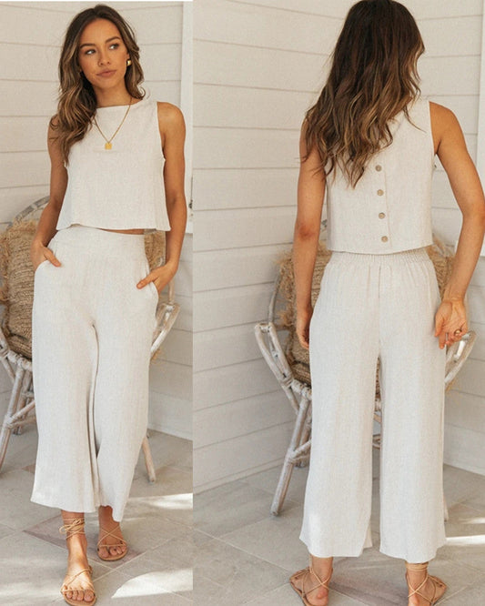 Relaxed Haven Button Up Top with Wide Leg Pants Set