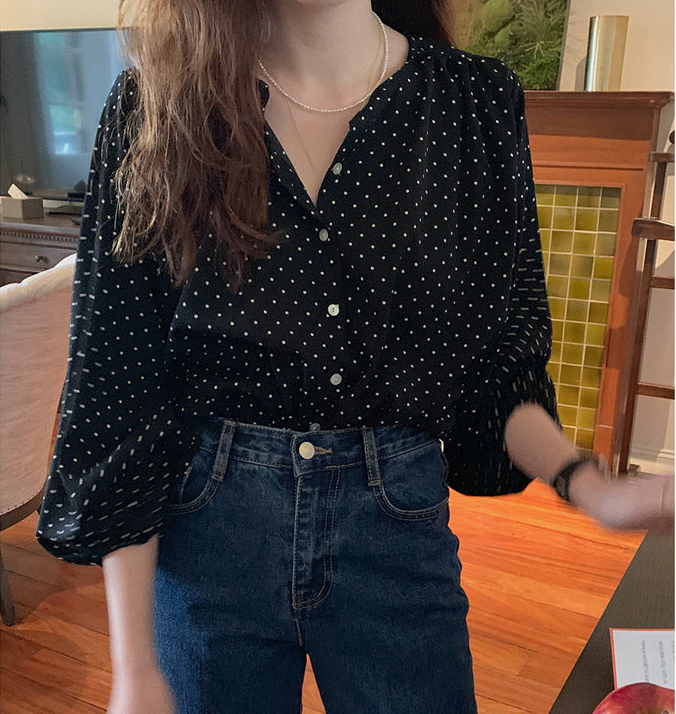 Retro Glamour Dot Pattern Puff Sleeves Shirt
