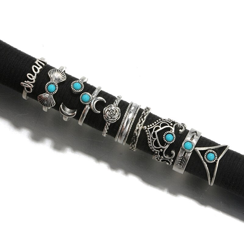 Boho Crescent Turquoise 10 piece Ring Set
