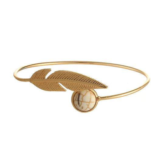 Retro Natural Stone & Feather Silver or Gold Adjustable Bracelet.