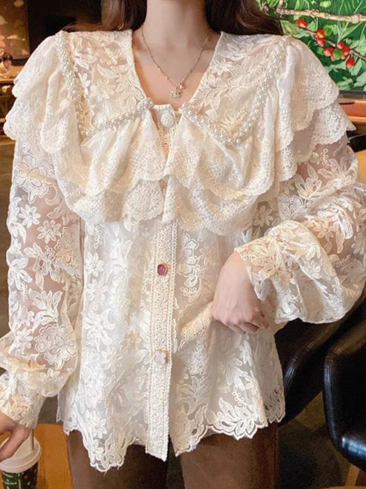 Chic Design Sense Niche V-Neck Lace Blouse  Layered  Ruffles Hem