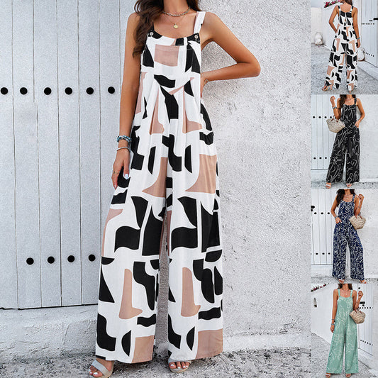 Geometric Print Square Neck Jumpsuit With Pockets