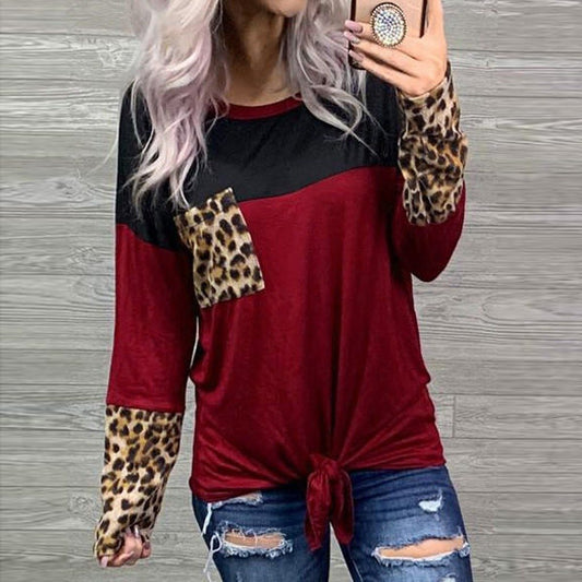 Extra Nice Leopard Patch Pocket Long Sleeve Top