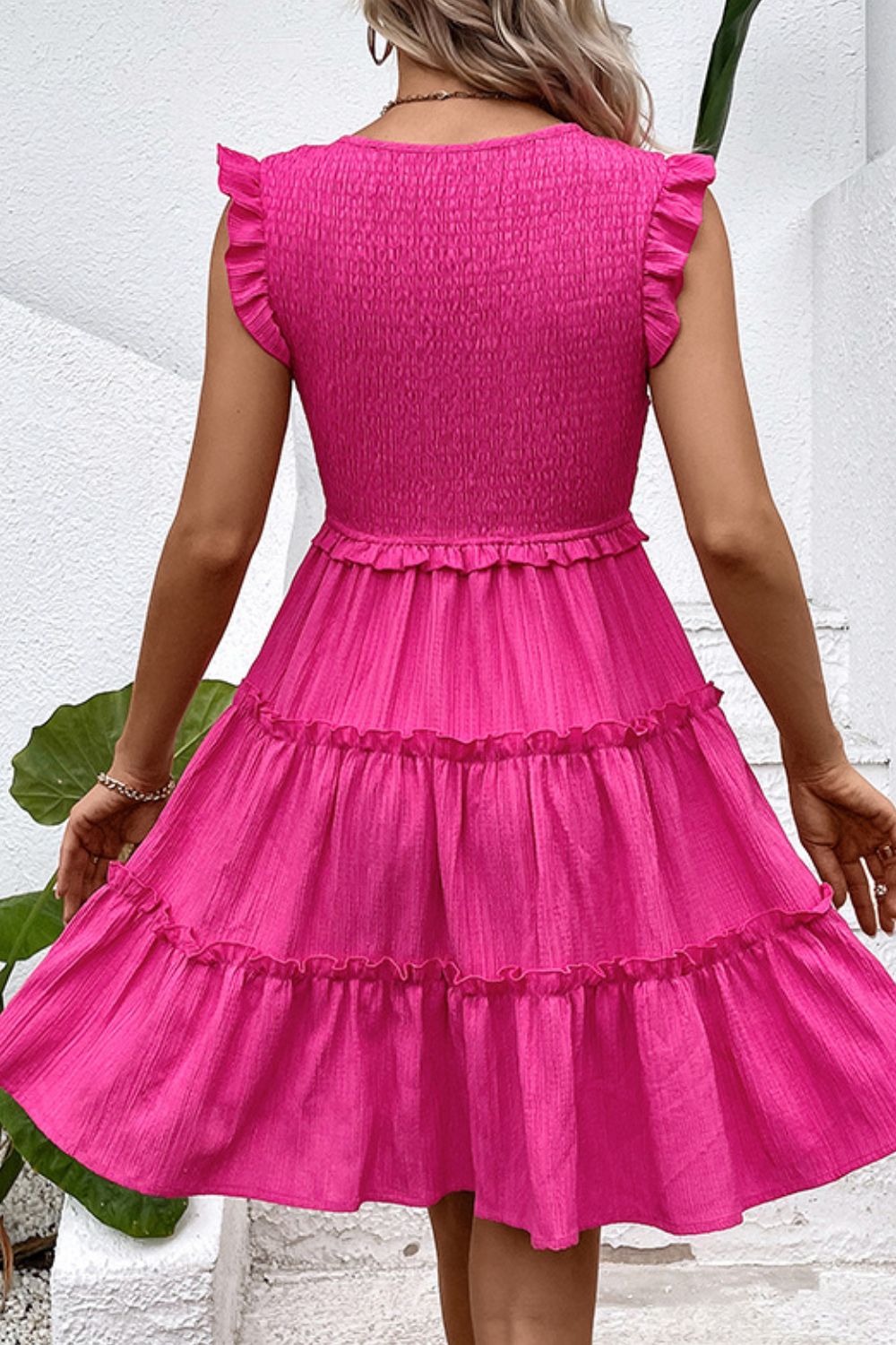 Smocked Frill Trim Deep V Neck Dress