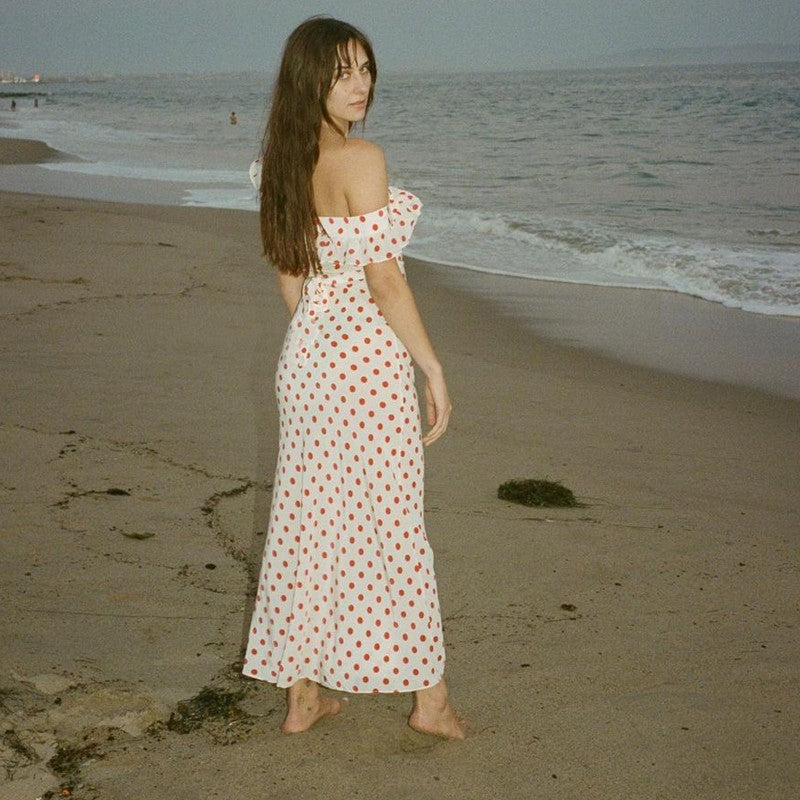 Ruffle Off-shoulder Polka Dot Print Silk Dress