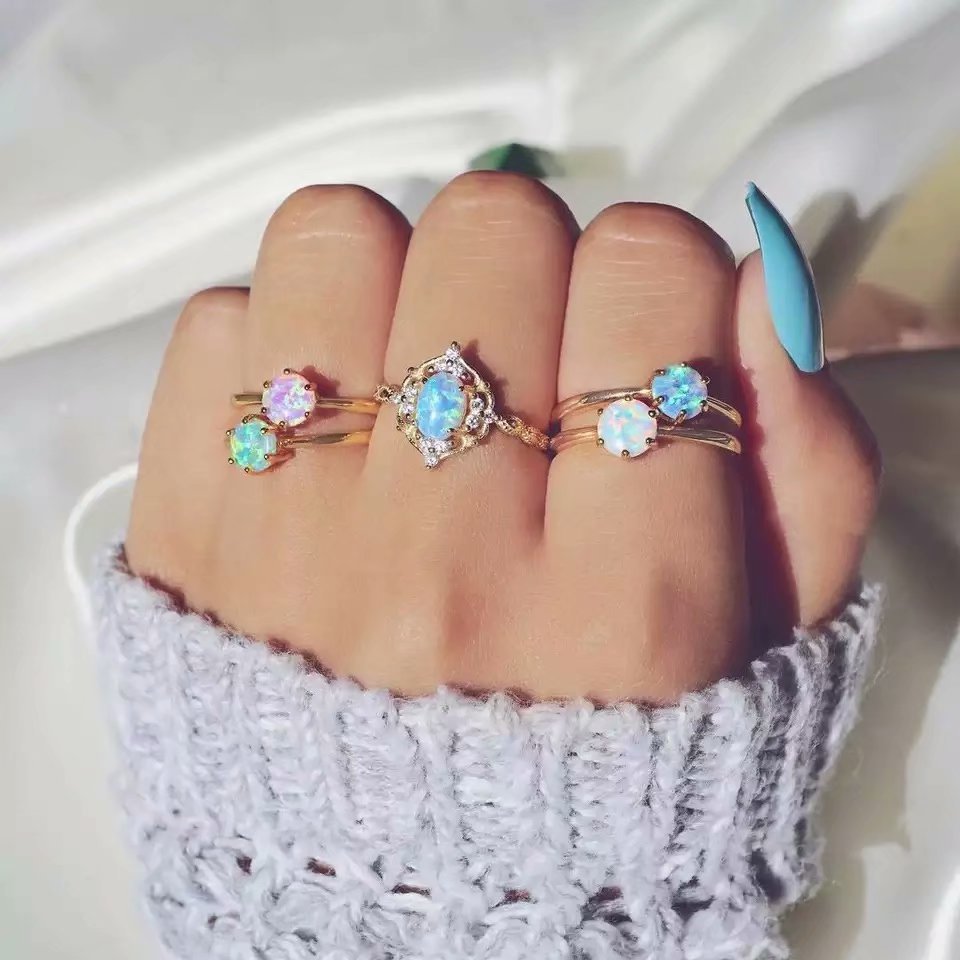 Opal Candy Color Gold Ring Set - 5 Ring Set - Adjustable.