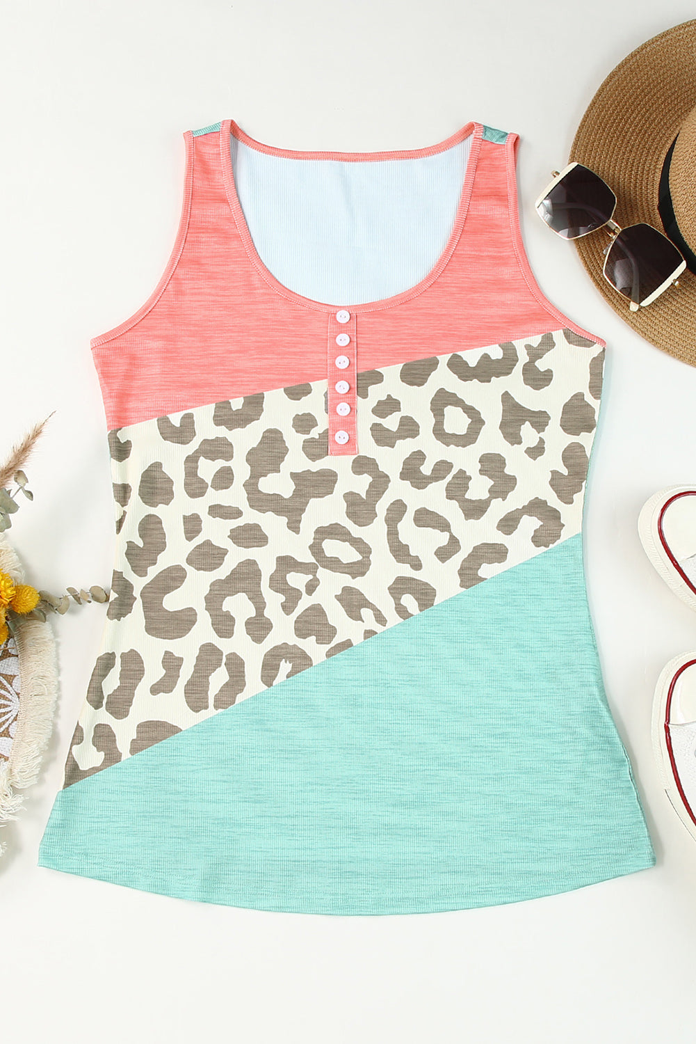 Leopard  Color Block Decorative Button Sleeveless Tank
