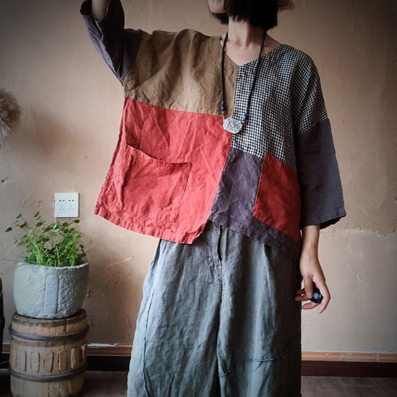 Vintage Patchwork Linen Loose 2 Piece Casual Set