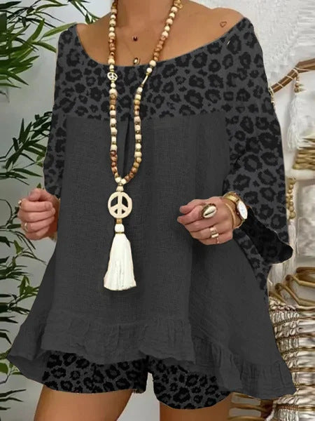 Leopard Print Stitching Loose Large Size 2 Piece Suit