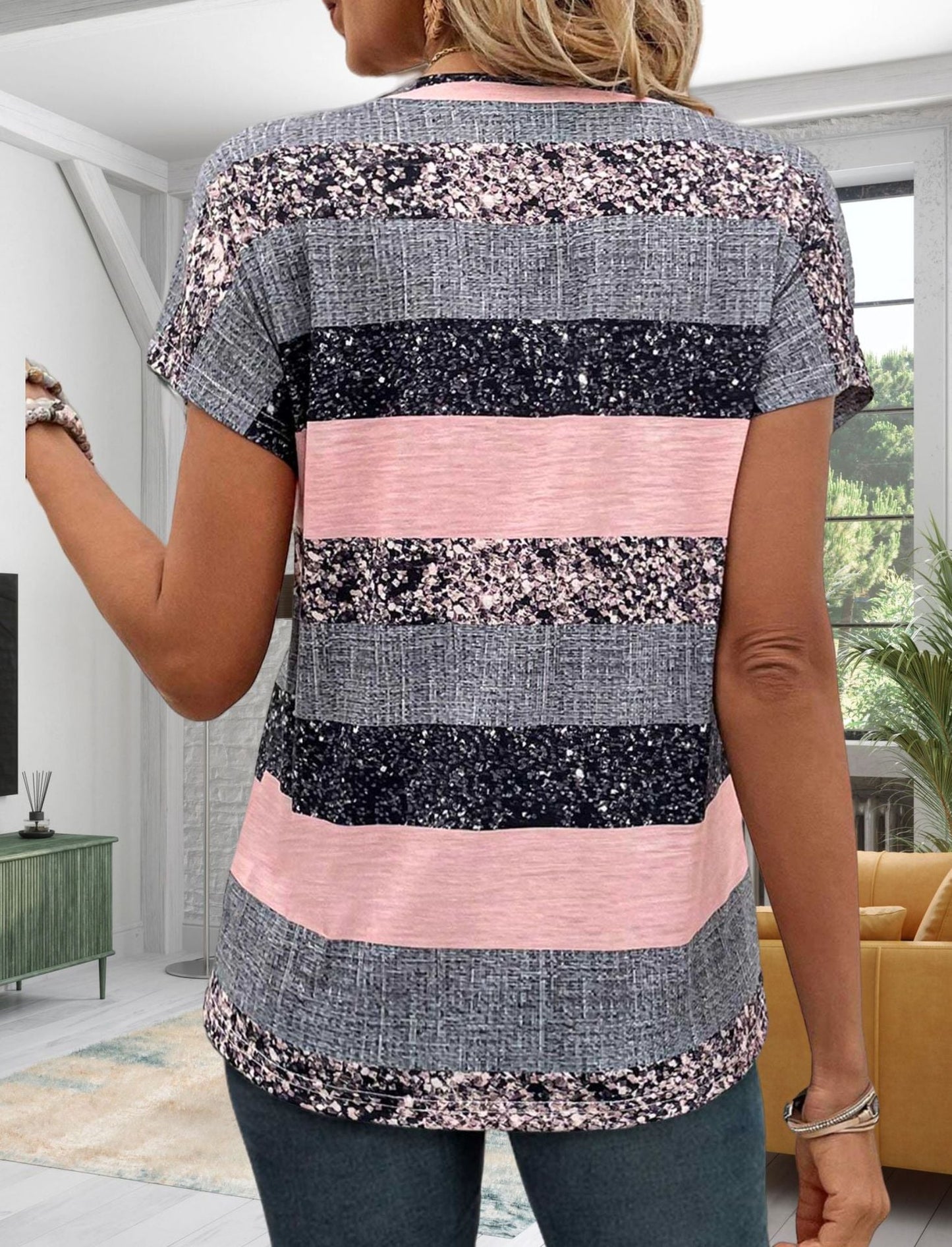 British Style   Striped V-neck Summer Casual T-shirt w/ Short Sleeve