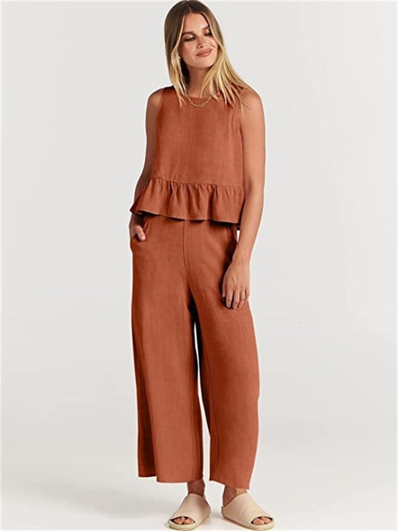 Summer Sleeveless Top Wide-leg Cropped Pants Two Piece Sets
