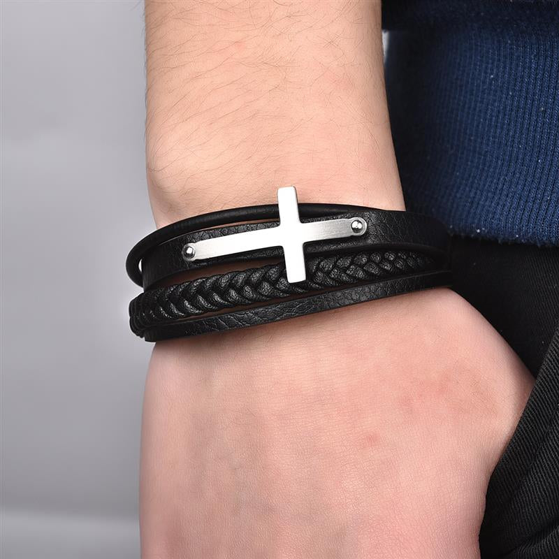 Silver Multilayer Leather Faith Cross Stainless Steel Bracelet.