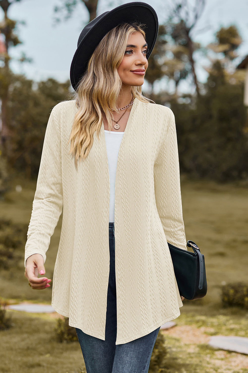 Classic Design Textured Open Front Long Sleeve Cardigan