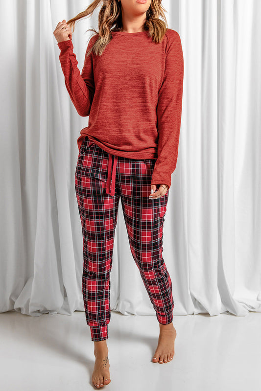 Weekend Vibes Round Neck Top Plaid Pants Lounge Set