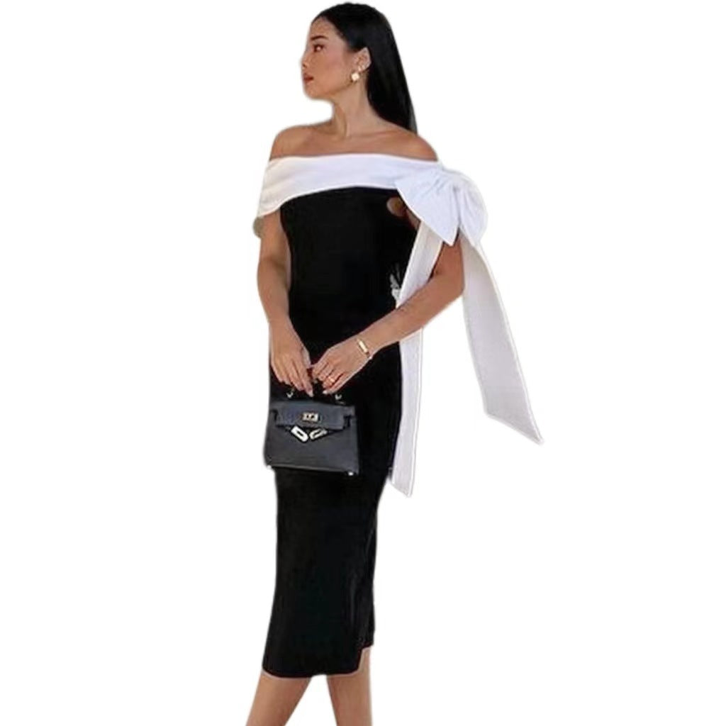 Elegant Cocktail Bow Off-Shoulder Black White  Dress