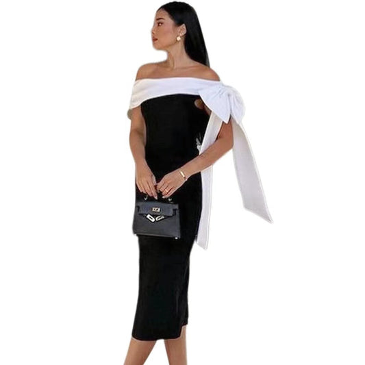 Elegant Cocktail Bow Off-Shoulder Black White  Dress