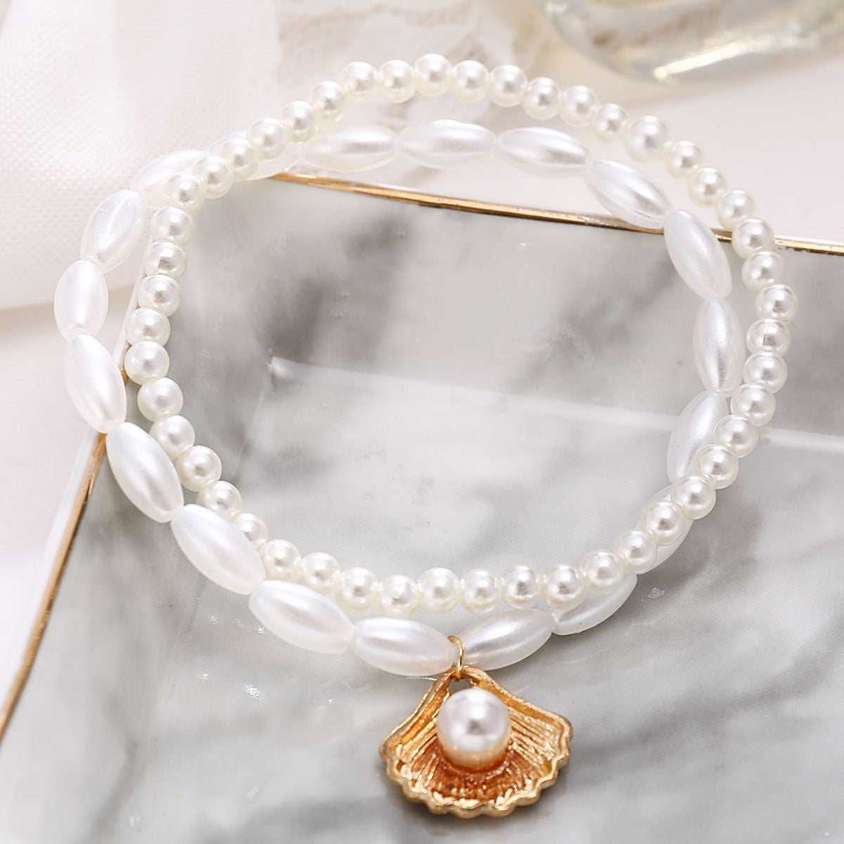 Freshwater Pearl Shell Layered Anklet Set - Includes Both.