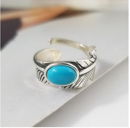 Genuine Turquois & Sterling Silver Jewelry Feather or Braided Vintage Ring - Adjustable Size..