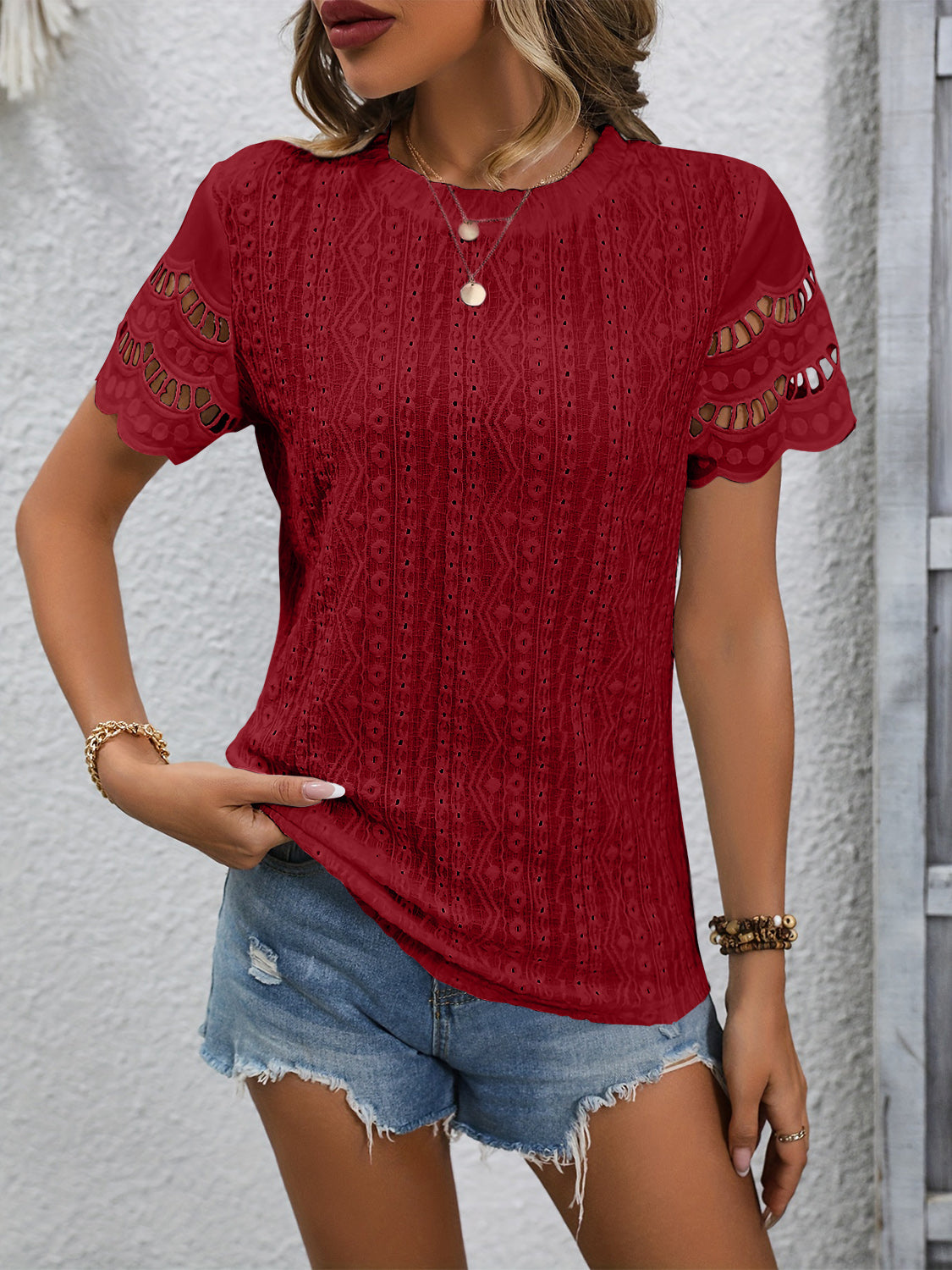 Eyelet Embriodery Round Neck Short Sleeve Top
