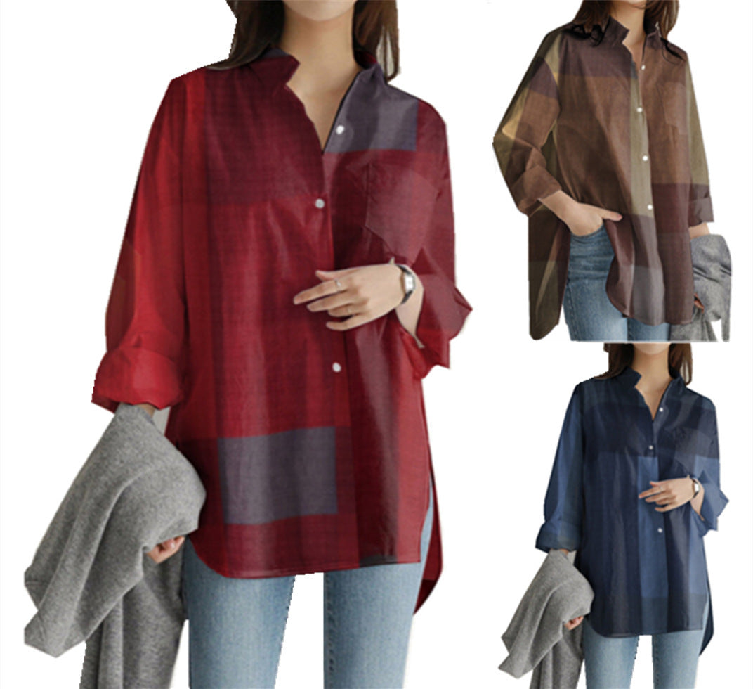 Patchwork Plaid Long Sleeved Shirt