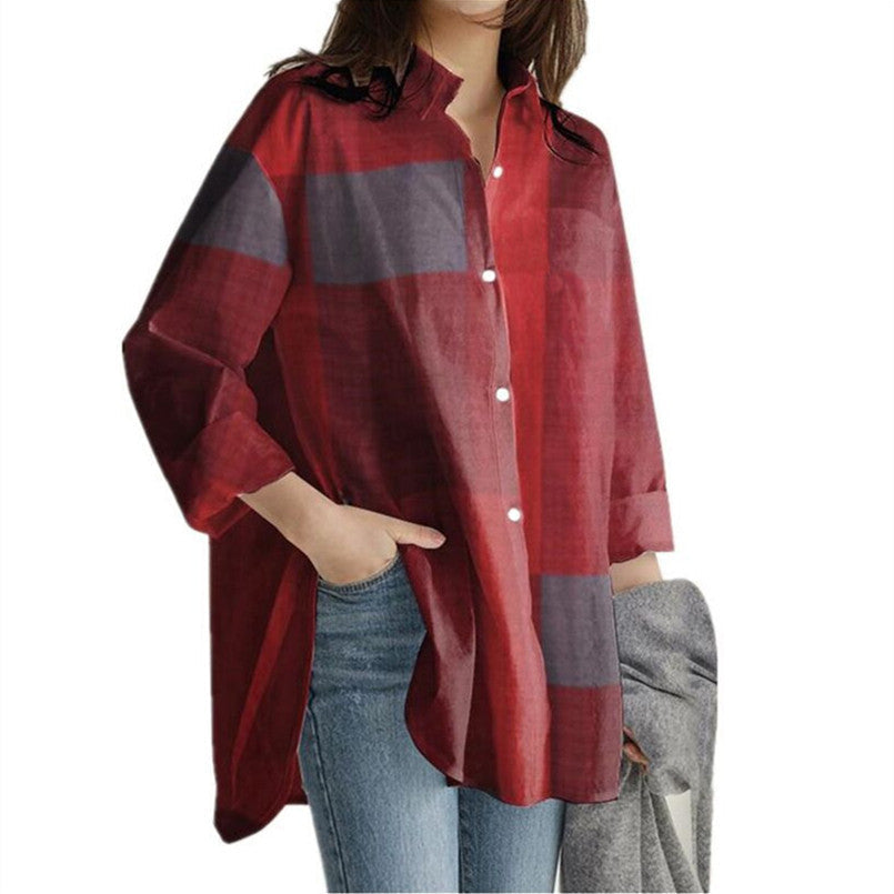 Patchwork Plaid Long Sleeved Shirt