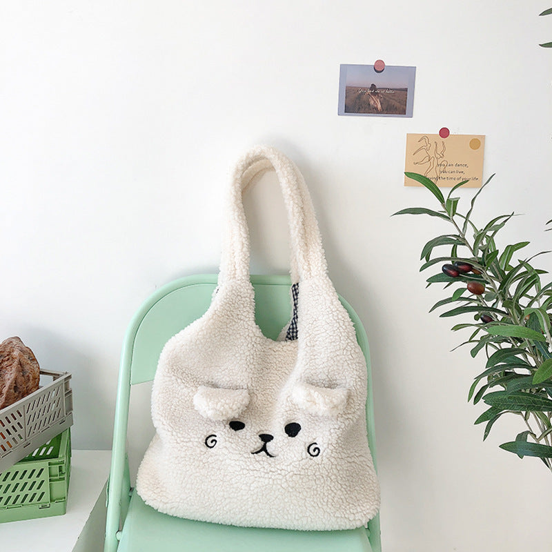 Cute Lamb Face Fleece Wool Large Capacity Plush Embroided Bag
