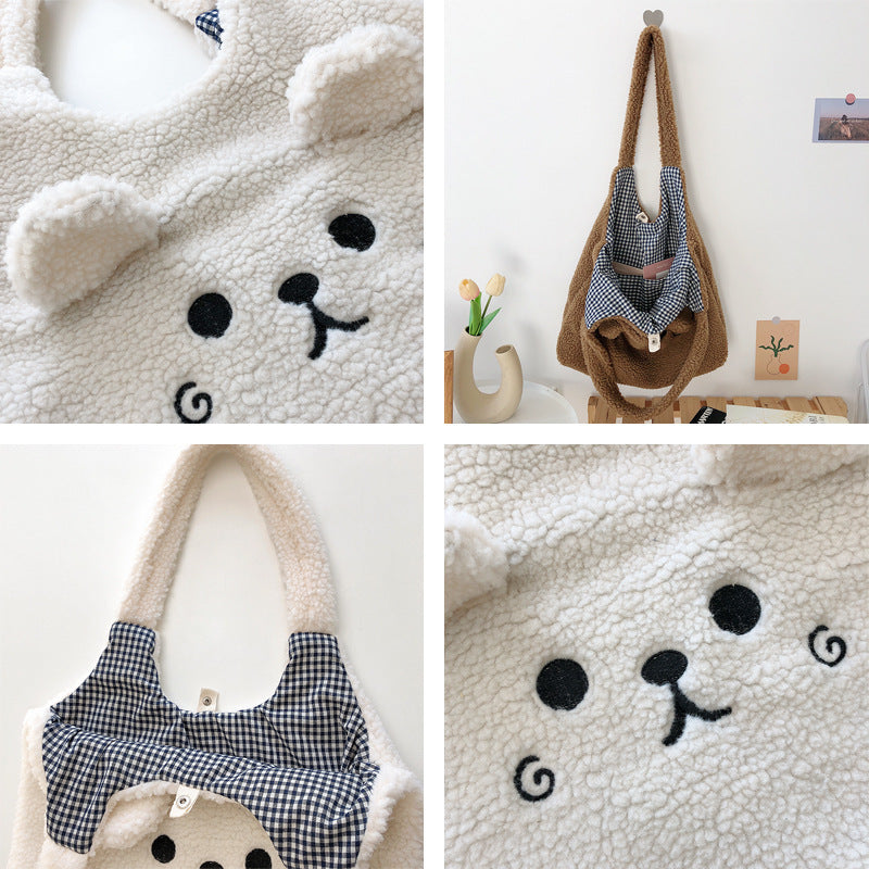 Cute Lamb Face Fleece Wool Large Capacity Plush Embroided Bag