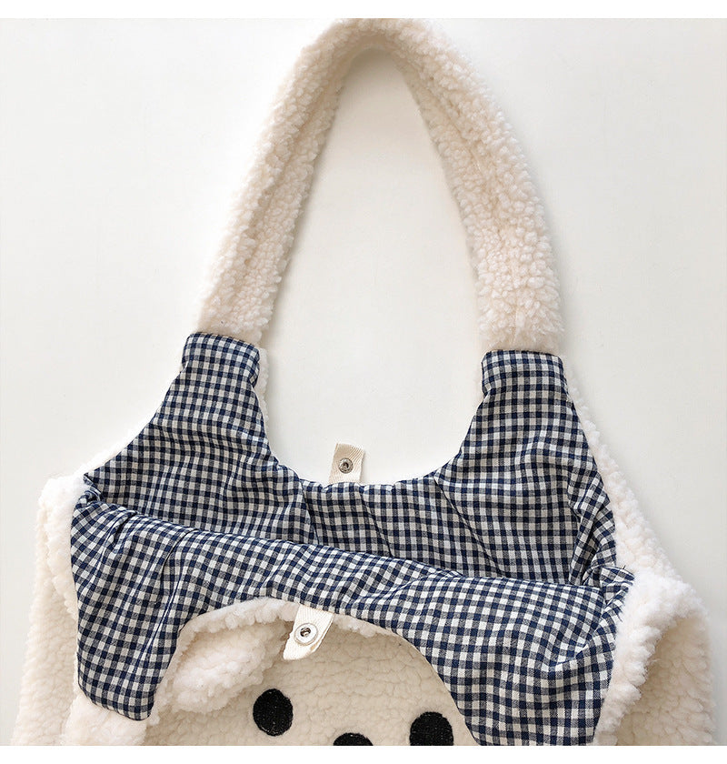 Cute Lamb Face Fleece Wool Large Capacity Plush Embroided Bag