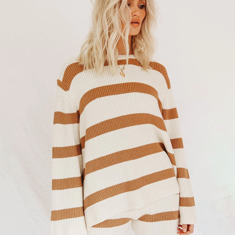 Relaxed Knit Loose Sweater & Shorts Two-piece Set