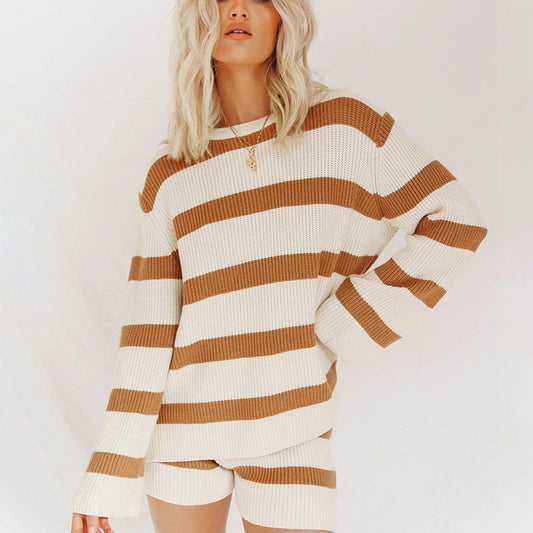 Relaxed Knit Loose Sweater & Shorts Two-piece Set