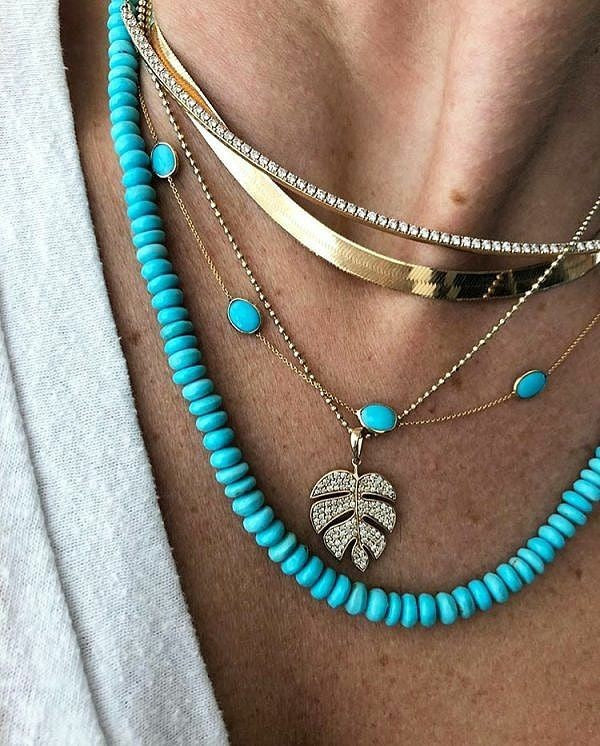 Boho Turquoise & Gold Leaf Multilayer Women's 5 Necklace Set.