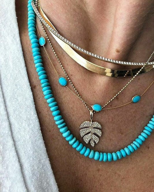 Boho Turquoise & Gold Leaf Multilayer Women's 5 Necklace Set.