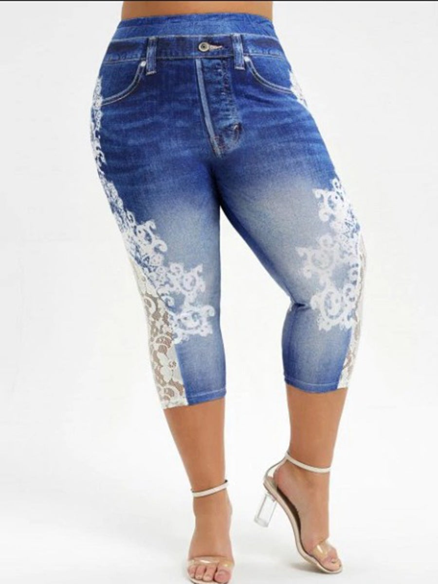 Floral Print Lace Stitching Plus Size Denim Jeans