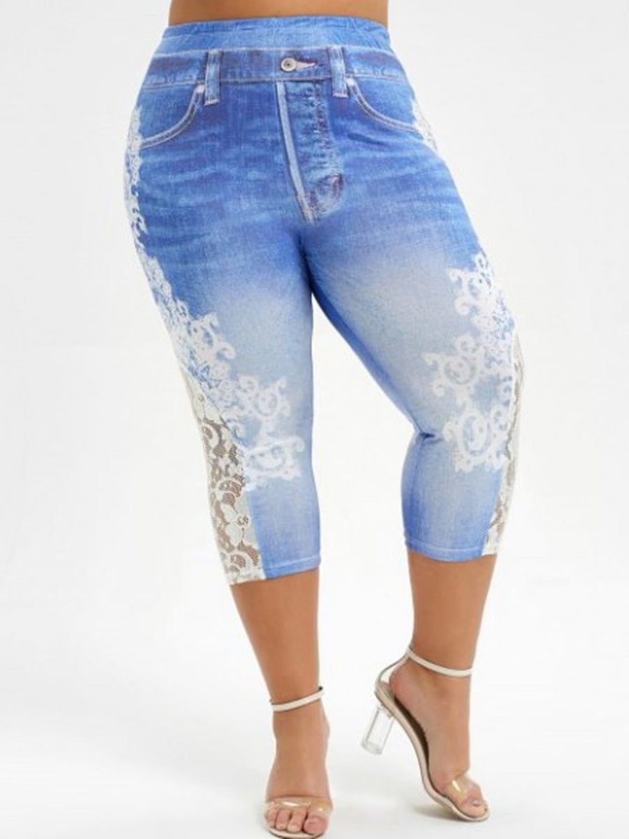 Floral Print Lace Stitching Plus Size Denim Jeans