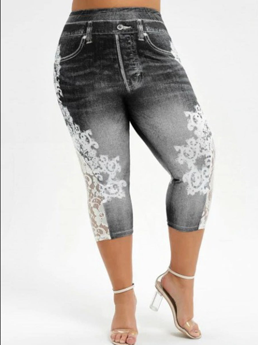 Floral Print Lace Stitching Plus Size Denim Jeans