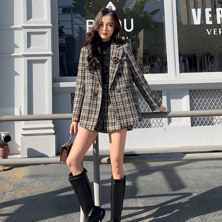Vintage Woolen Plaid Jacket Shorts Two Piece Suit