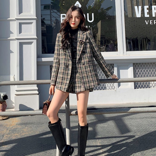 Vintage Woolen Plaid Jacket Shorts Two Piece Suit